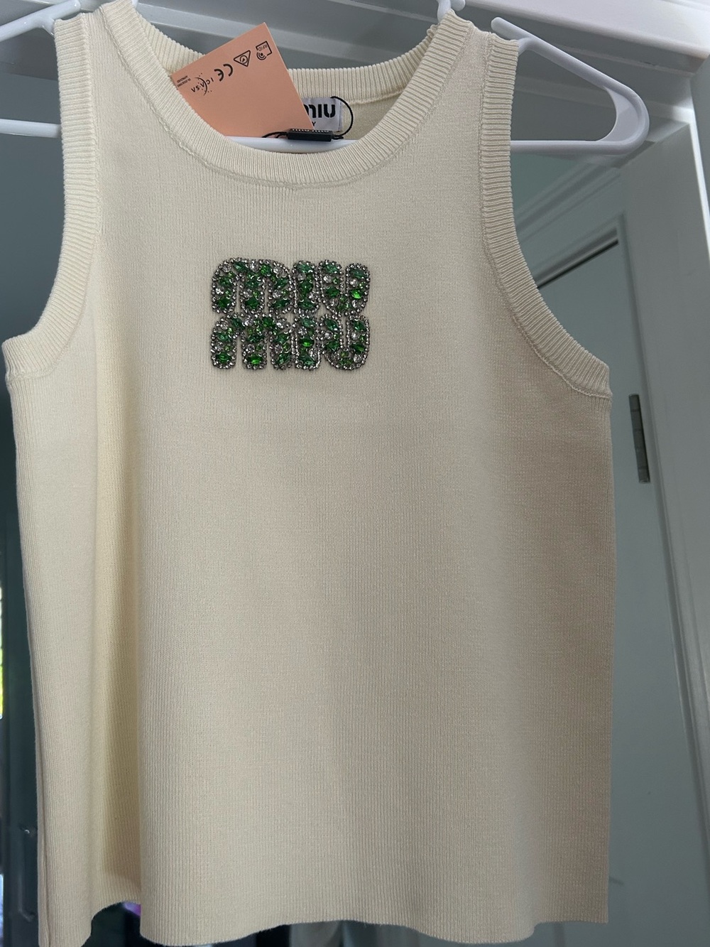 Miu Miu Cream Knit Tank with Green Crystal Logo - Women’s Medium- NWT
